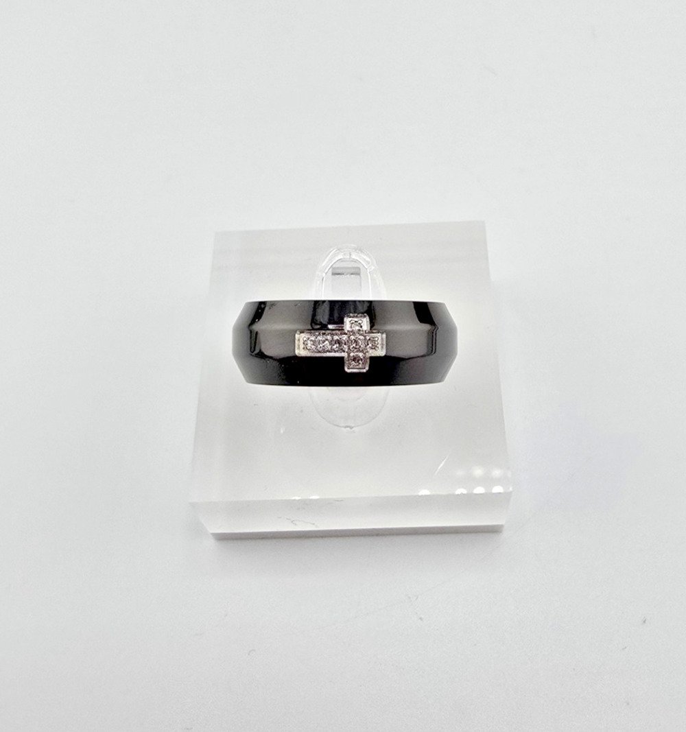 Chisel Stainless Steel Polished Black IP-plated 2pt Diamond Cross 8mm Band sz 8